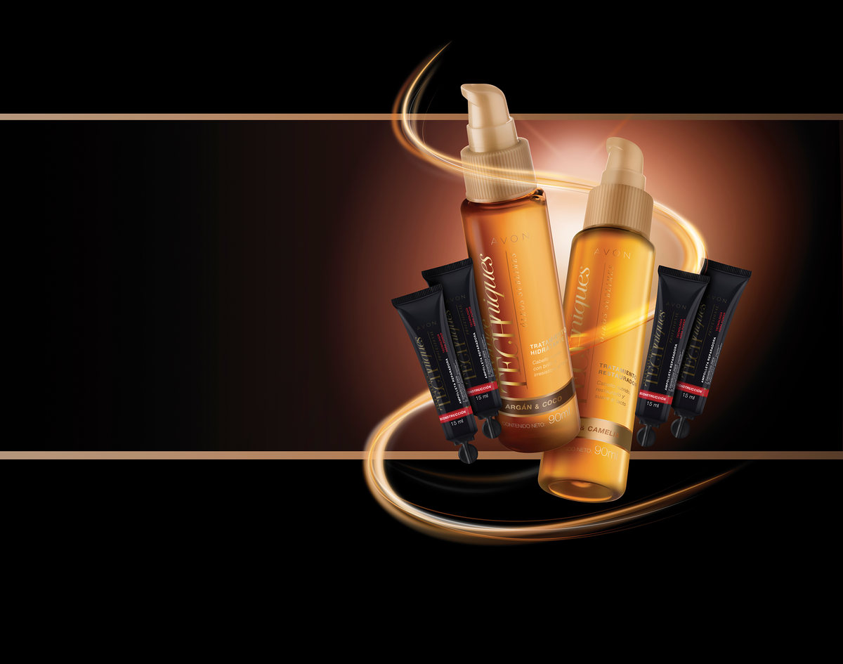 Oil bottles and treatment tubes with a golden light trail on black