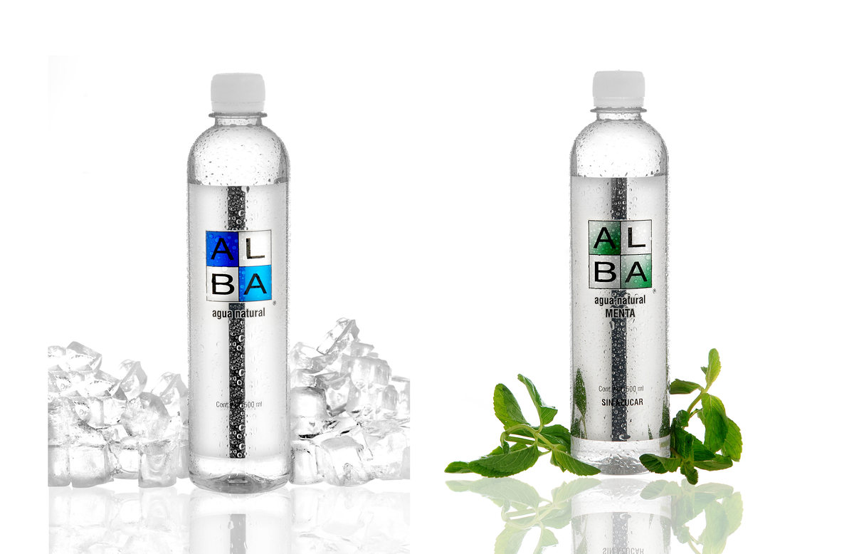 Two ALBA water bottles, one with ice and one with green leaves, on white