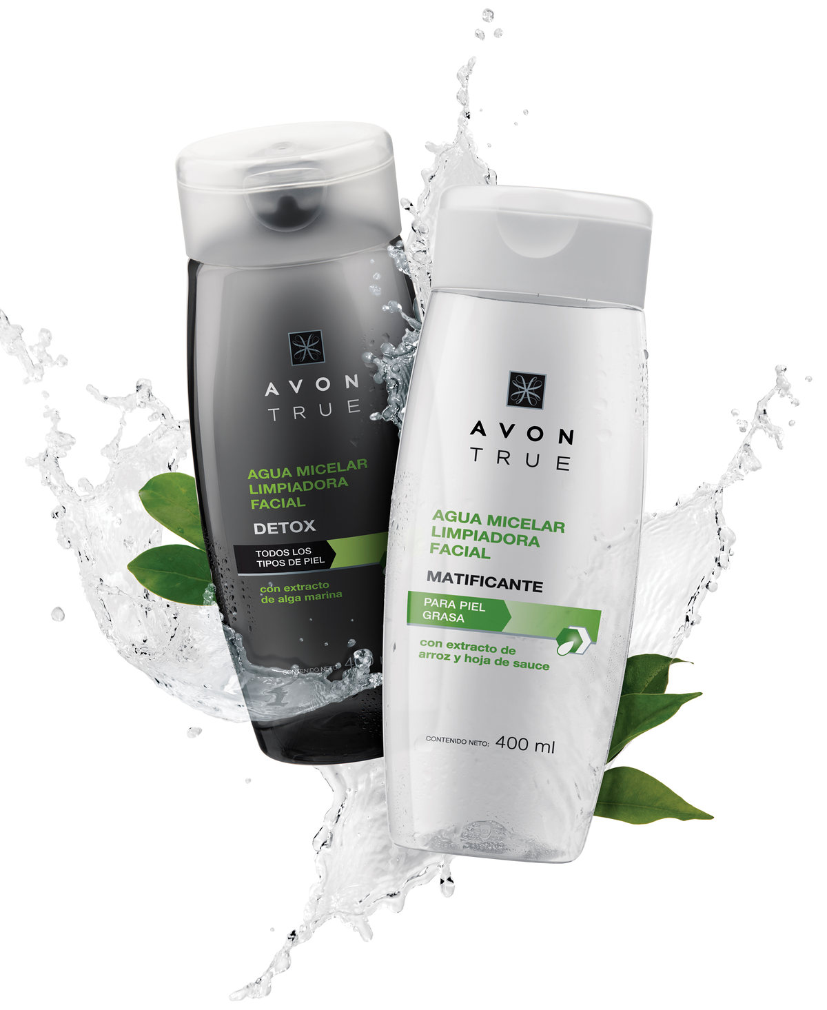 Dos botellas de agua micelar Avon True con salpicadura de agua y hojas