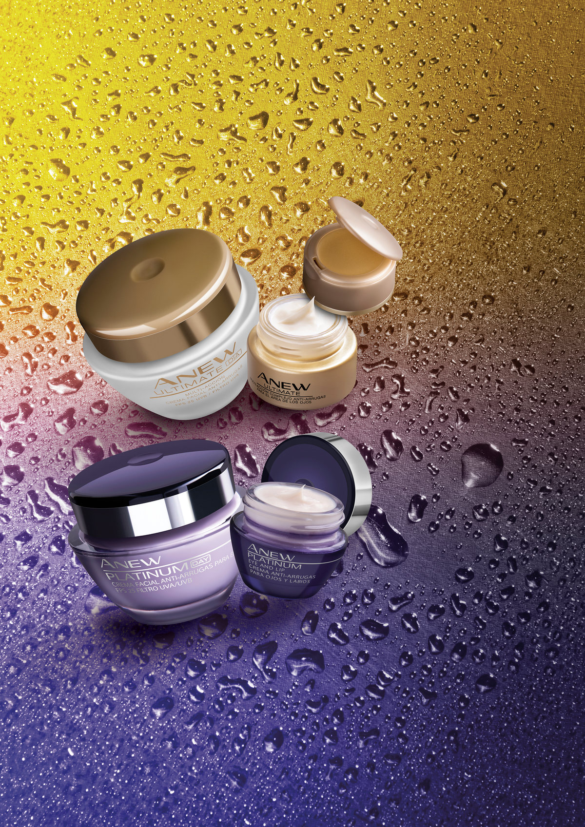 Anew cream jars on a gold-to-purple gradient beaded with water drops