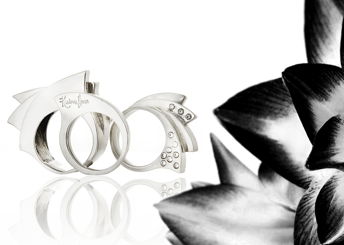 Anillos de plata con piedras junto a una flor en blanco y negro