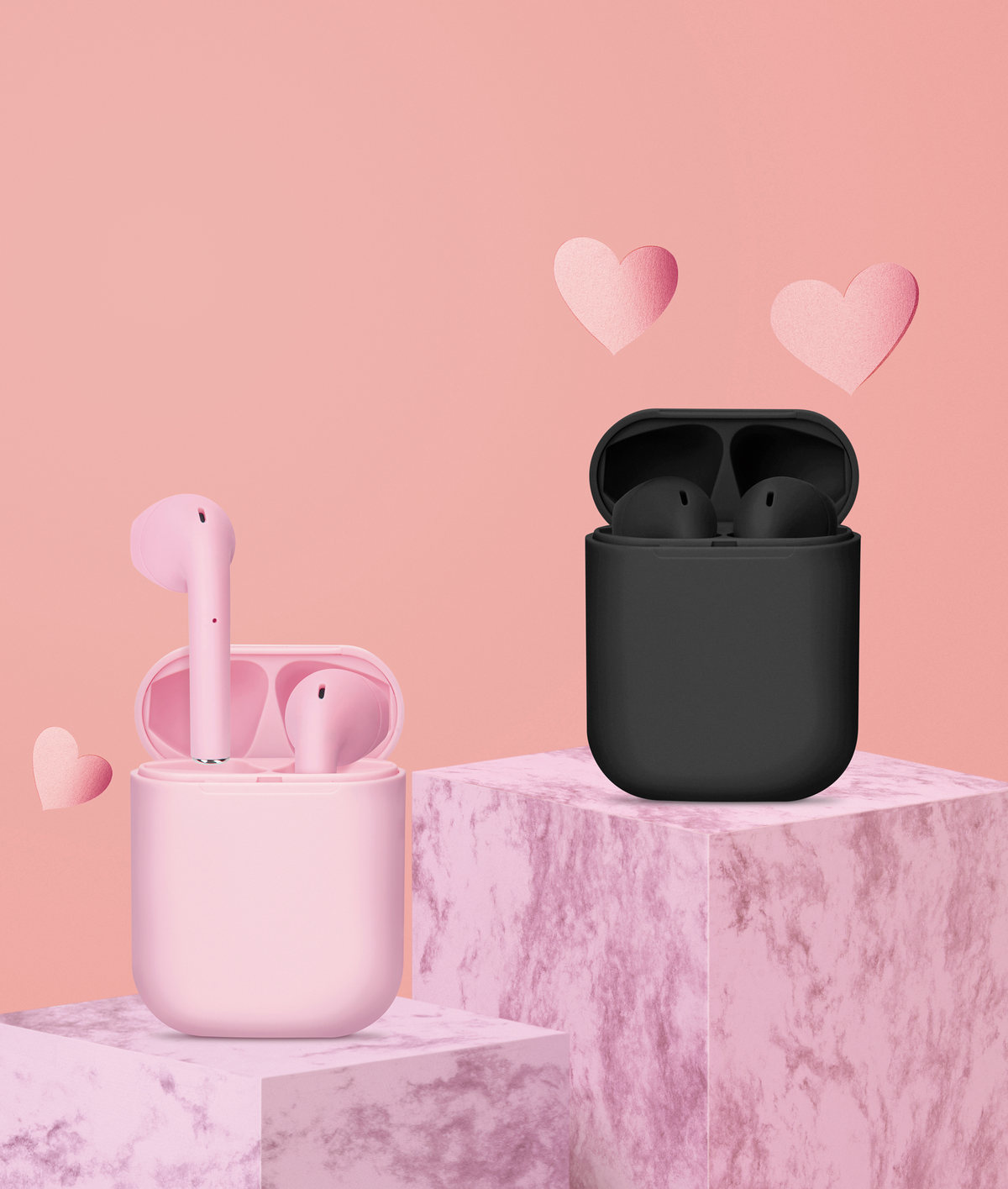 Pink and black earbud cases on pink marble plinths with hearts