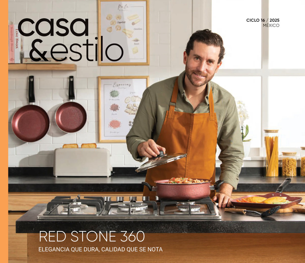 Casa & Estilo catalog cover with a man cooking with red pans