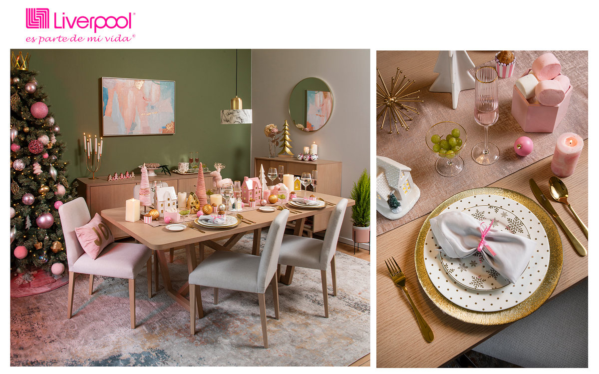 Dining room dressed for Christmas and a place setting with gold tableware, with the Liverpool logo