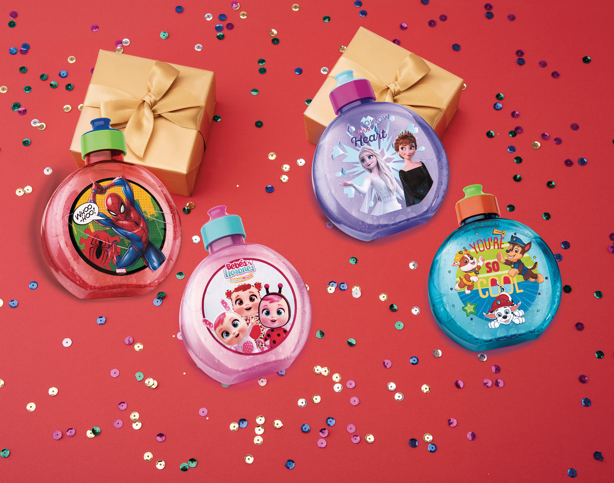 Character bottles on a red background scattered with confetti