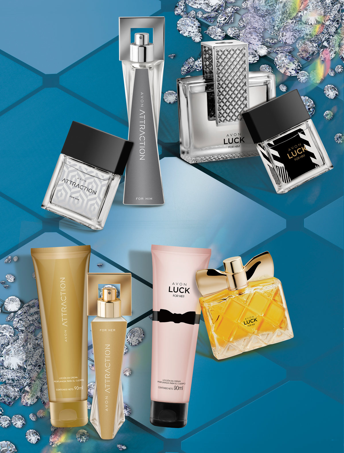Fragrances and creams on blue planes with silver glitter