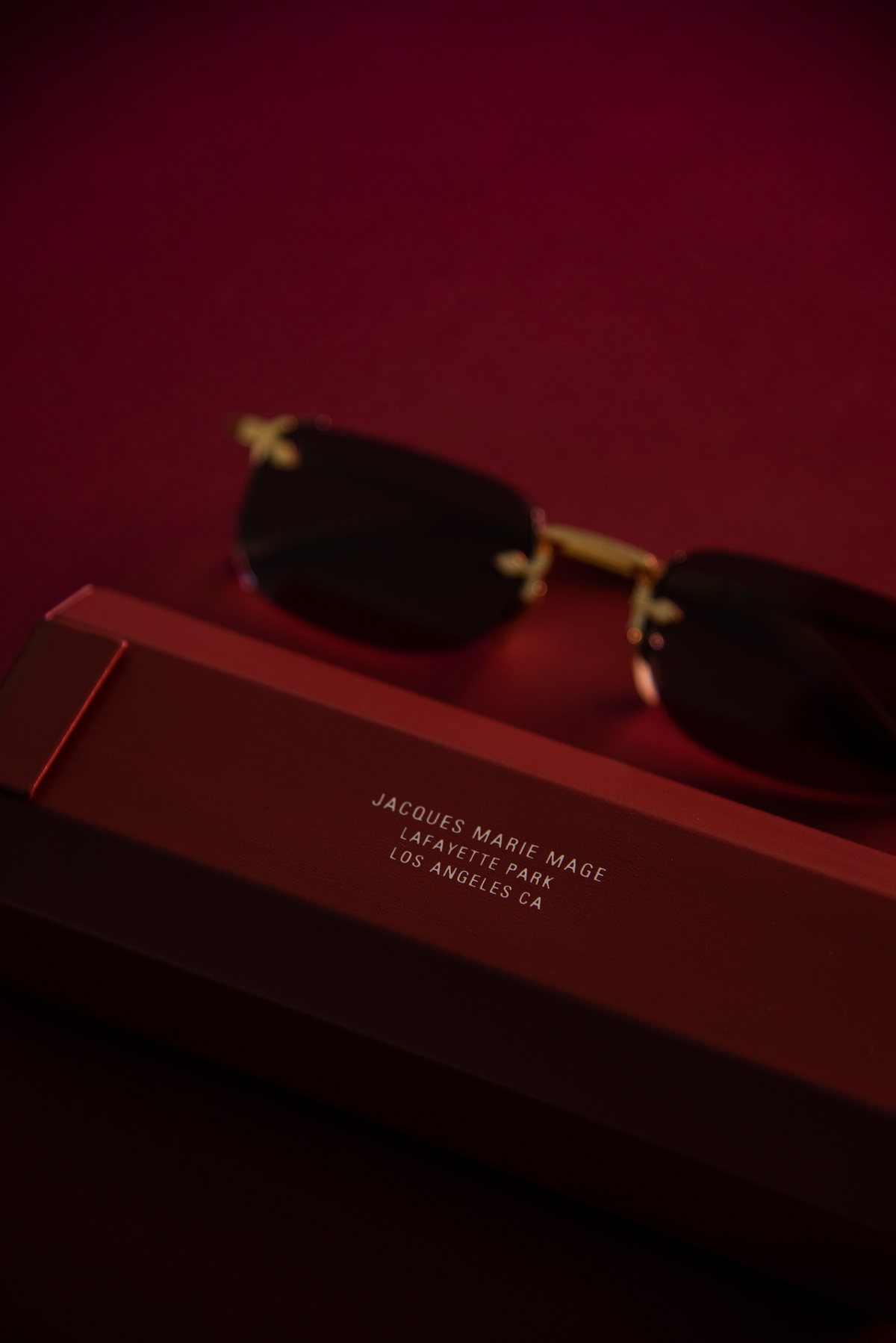 Gold-framed sunglasses on their red case in low light