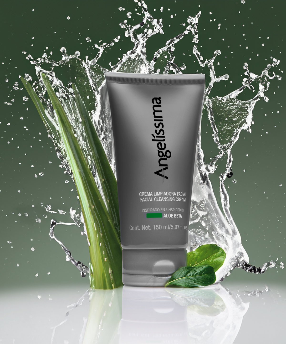Angelíssima facial cleanser tube with aloe leaves and a water splash on green