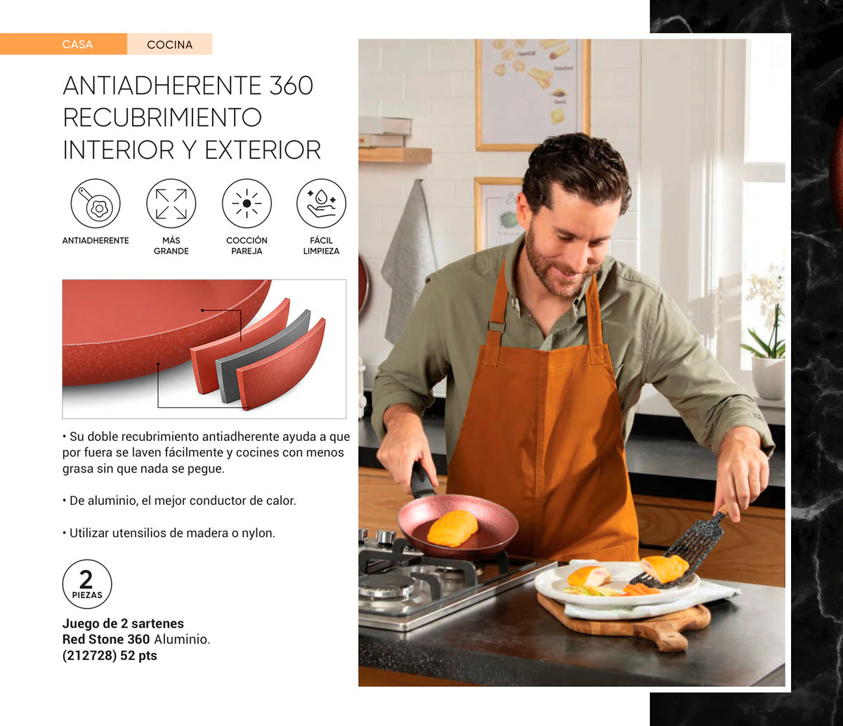 Catalog page showing a man cooking with a nonstick pan alongside product details