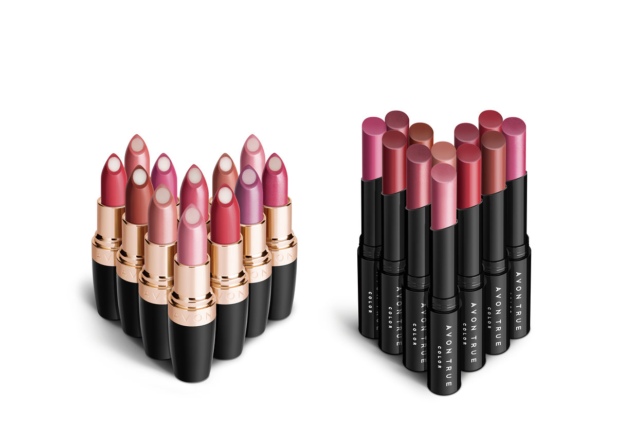 Two groups of pink and mauve lipsticks on white