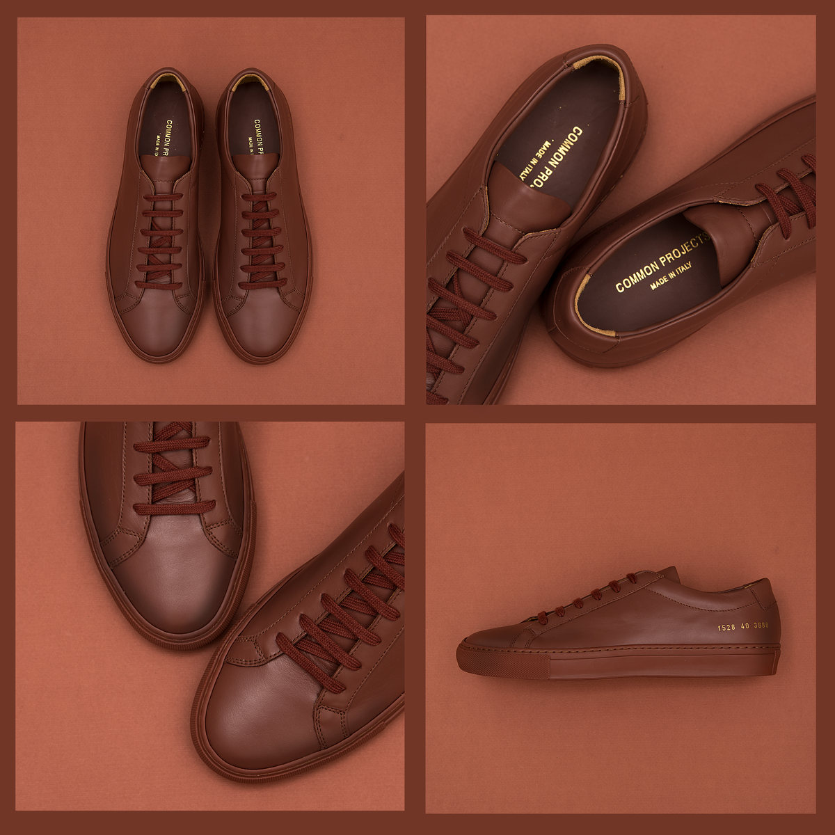 Brown leather sneakers in four panels on a terracotta background